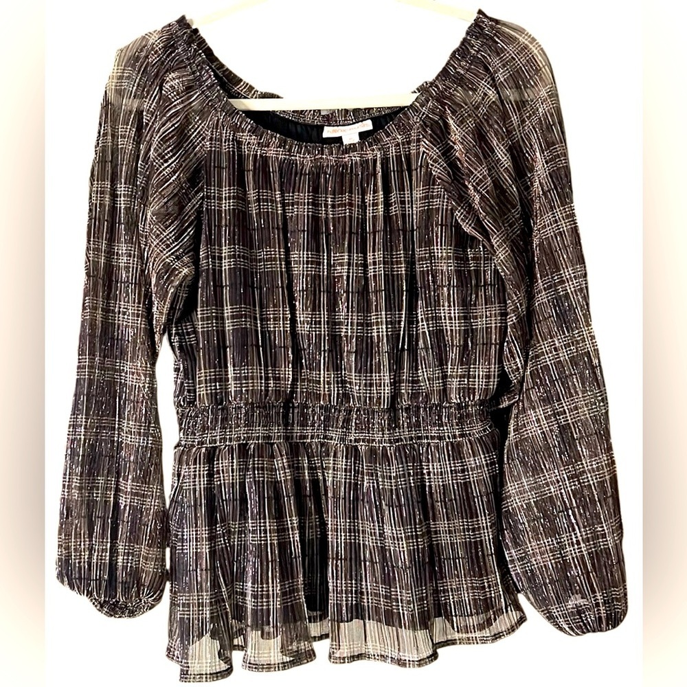 KNOX ROSE Black/Brown/Cream/White/Gold Metallic Plaid Babydoll Top, Medium, GUC.